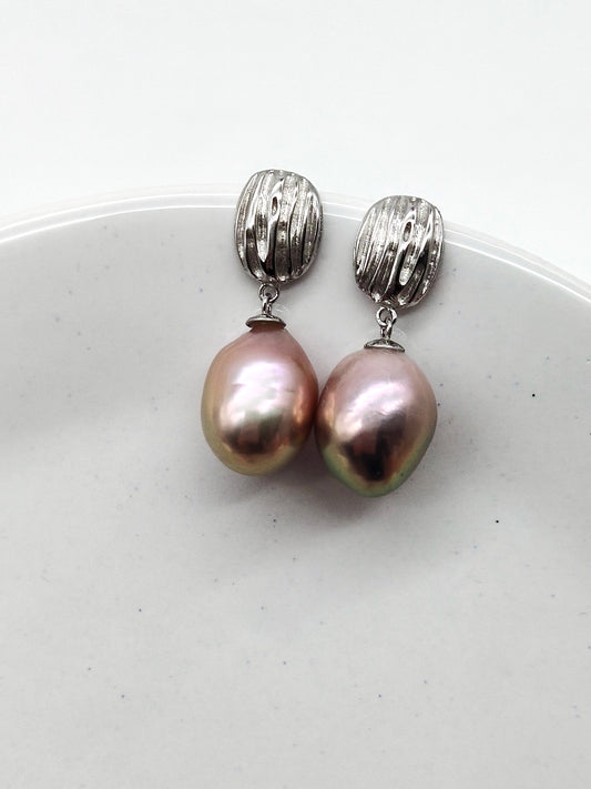 NATURAL PINK PEARL WITH GREEN LUSTER DROP EARRINGS