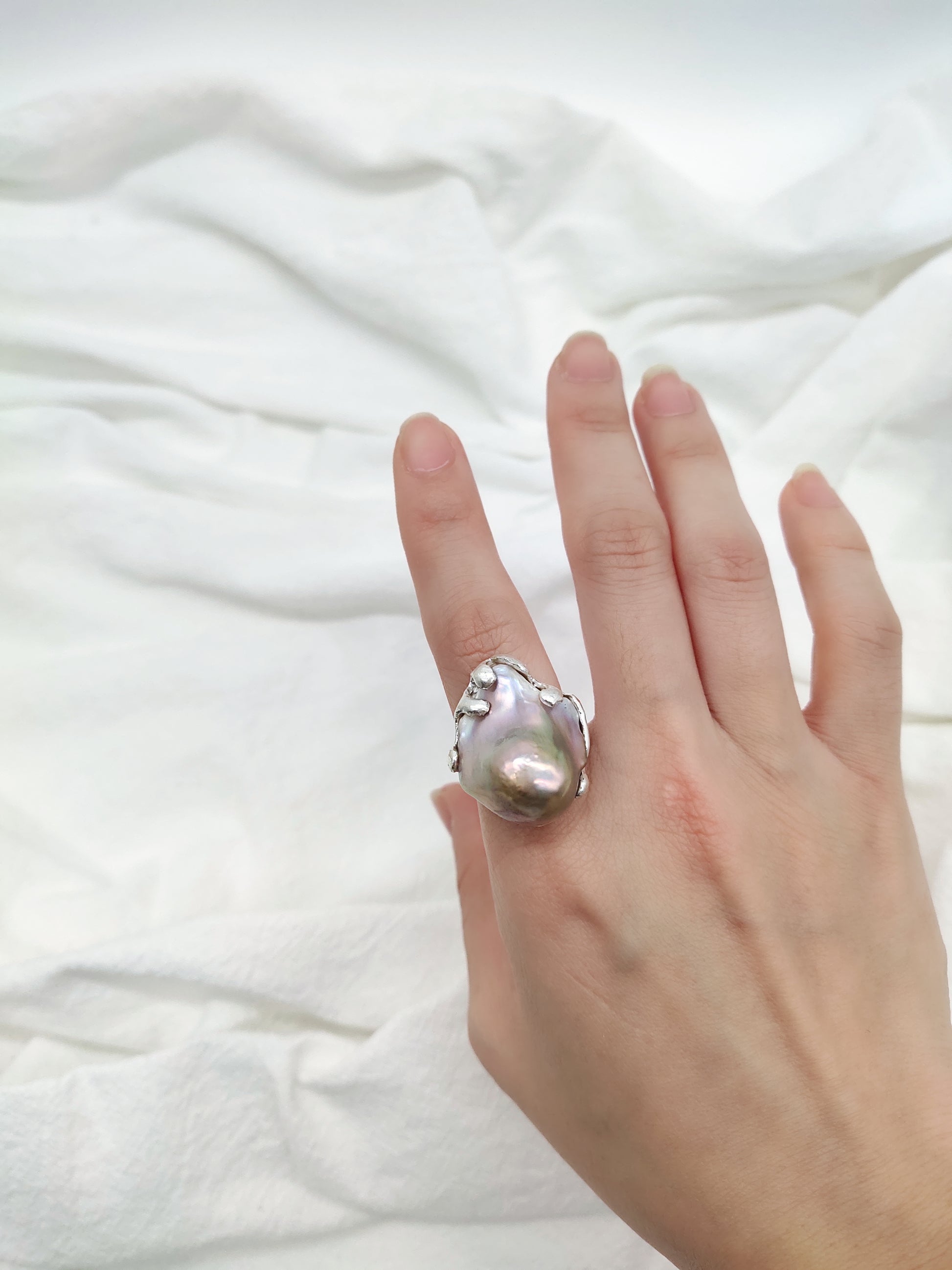 IRIDESCENT PURE SILVER LARGE BAROQUE PEARL RING