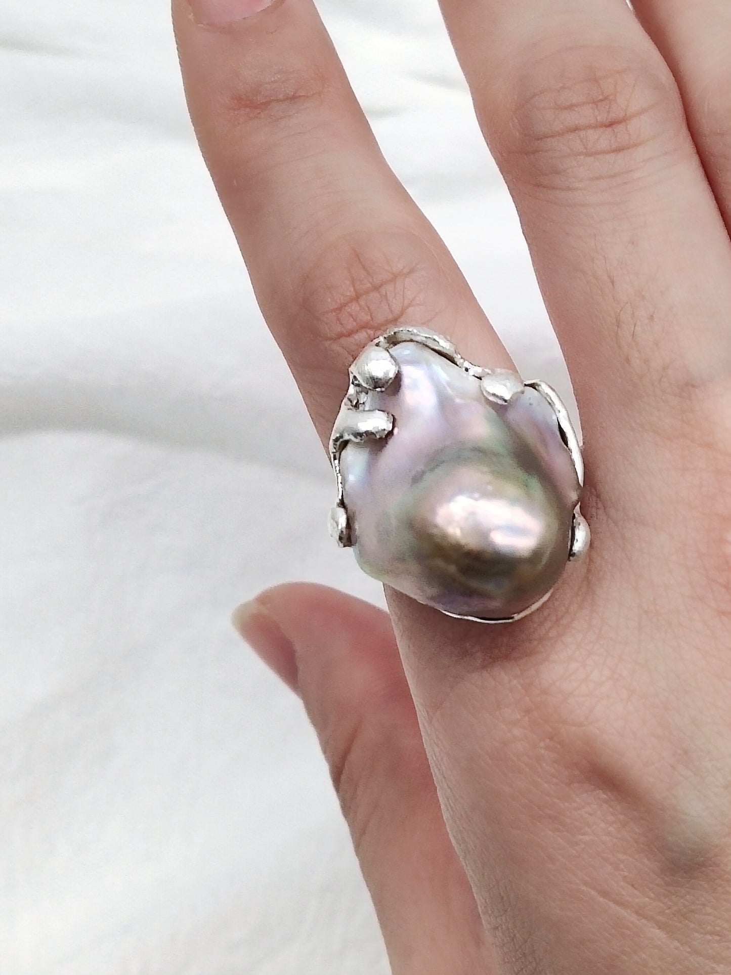 IRIDESCENT PURE SILVER LARGE BAROQUE PEARL RING