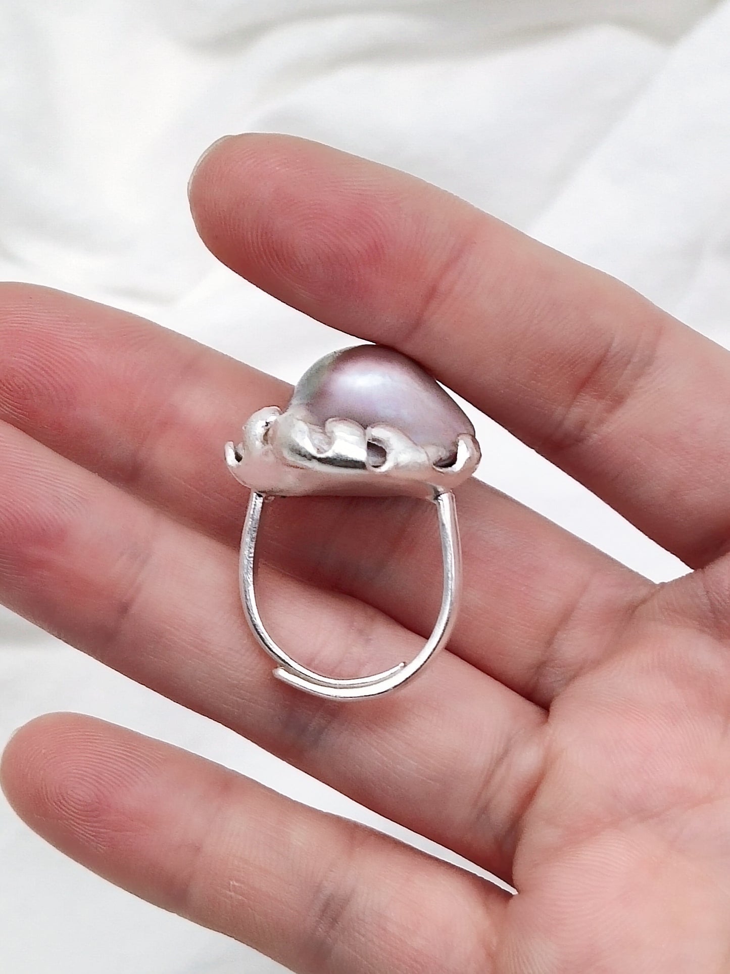 IRIDESCENT PURE SILVER LARGE BAROQUE PEARL RING