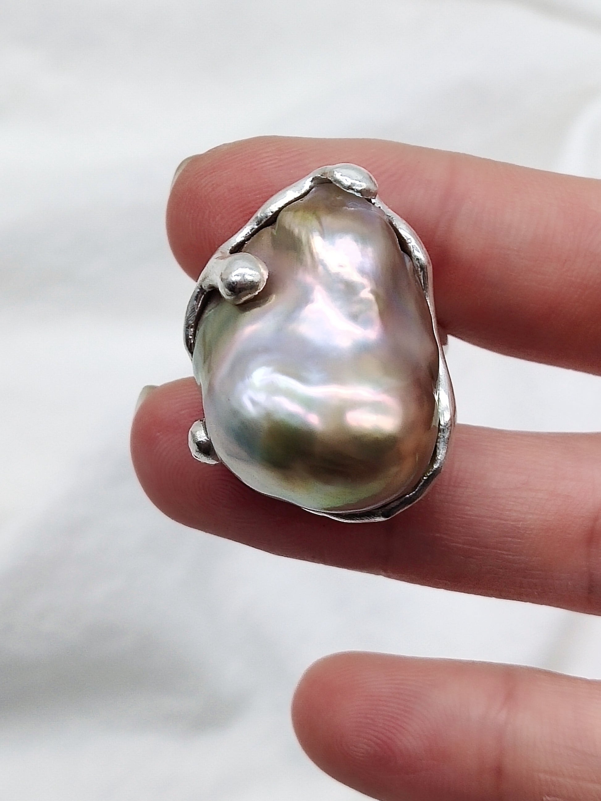 IRIDESCENT PURE SILVER LARGE BAROQUE PEARL RING