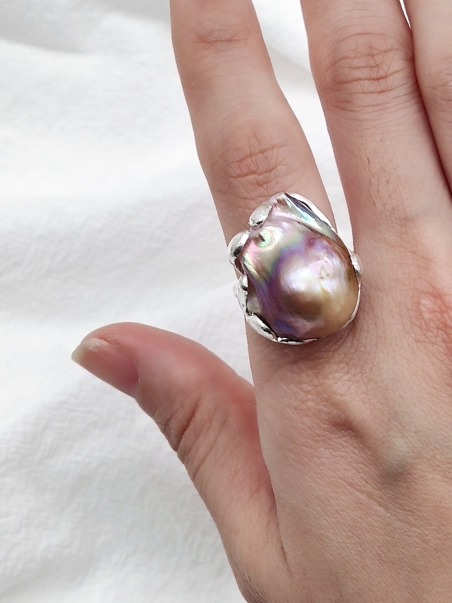 IRIDESCENT PURE SILVER LARGE BAROQUE PEARL RING