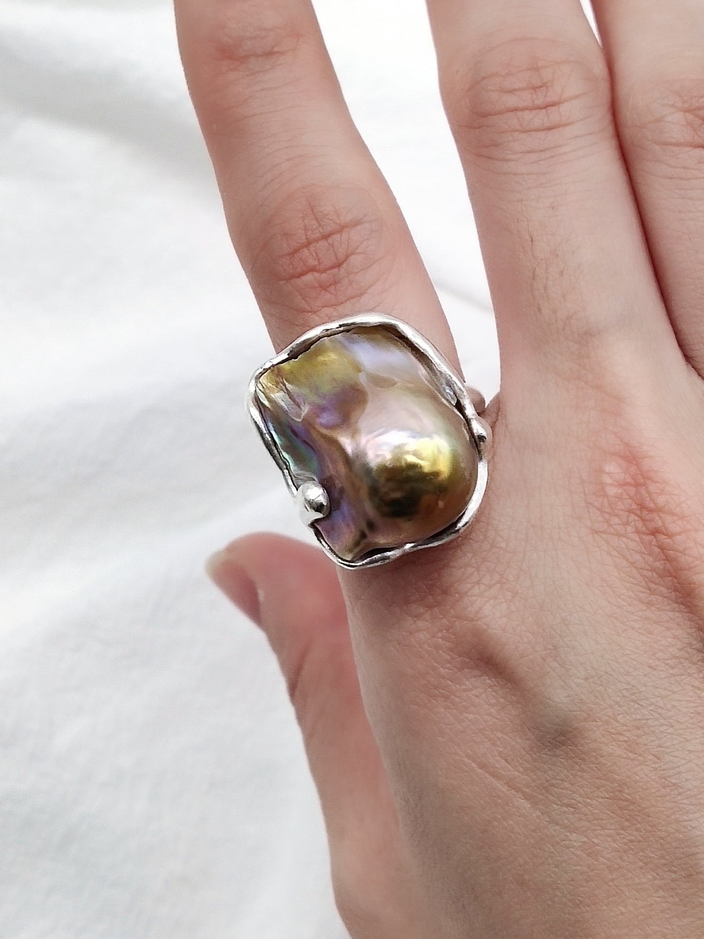 IRIDESCENT PURE SILVER LARGE BAROQUE PEARL RING