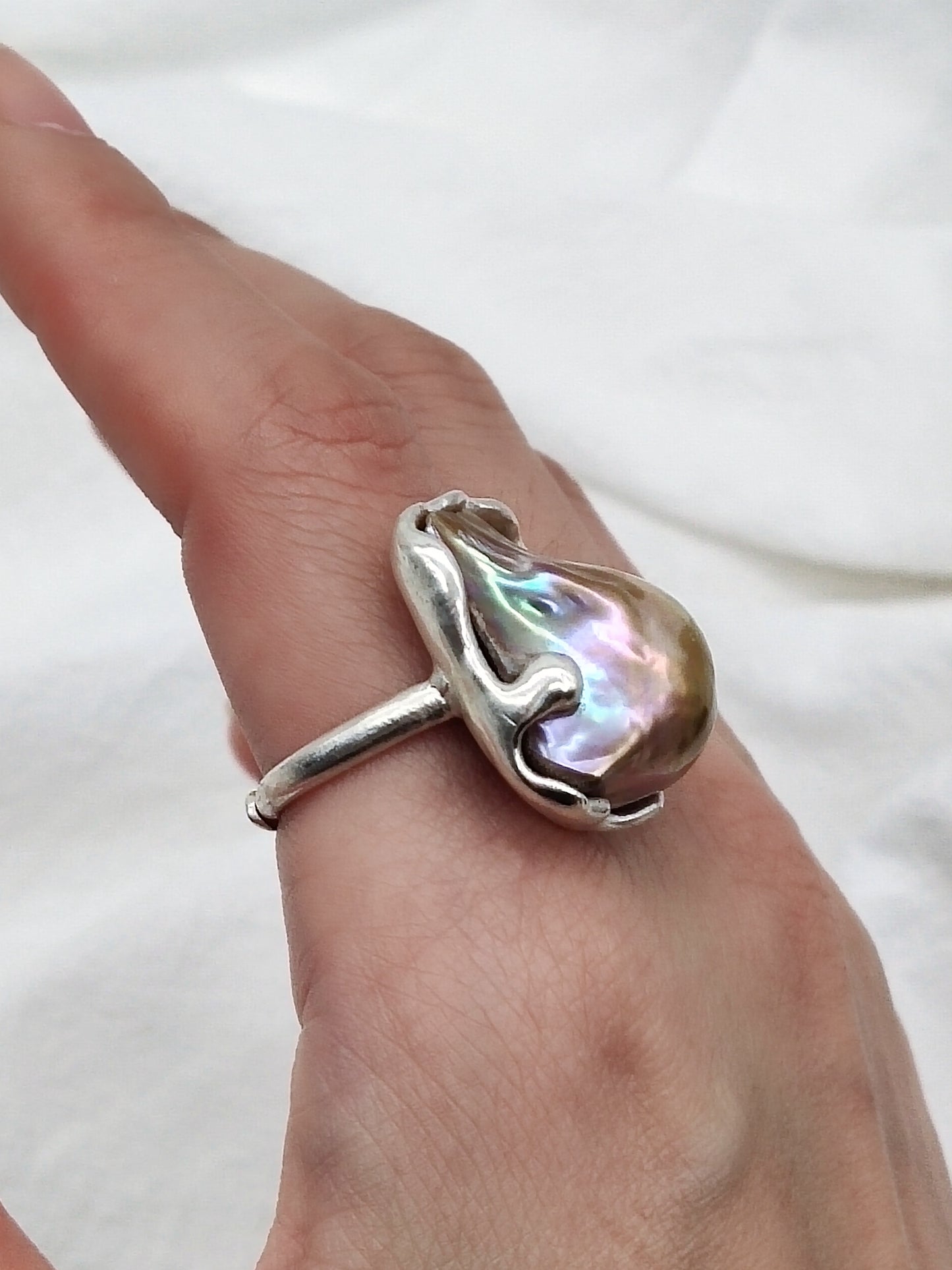 IRIDESCENT PURE SILVER LARGE BAROQUE PEARL RING