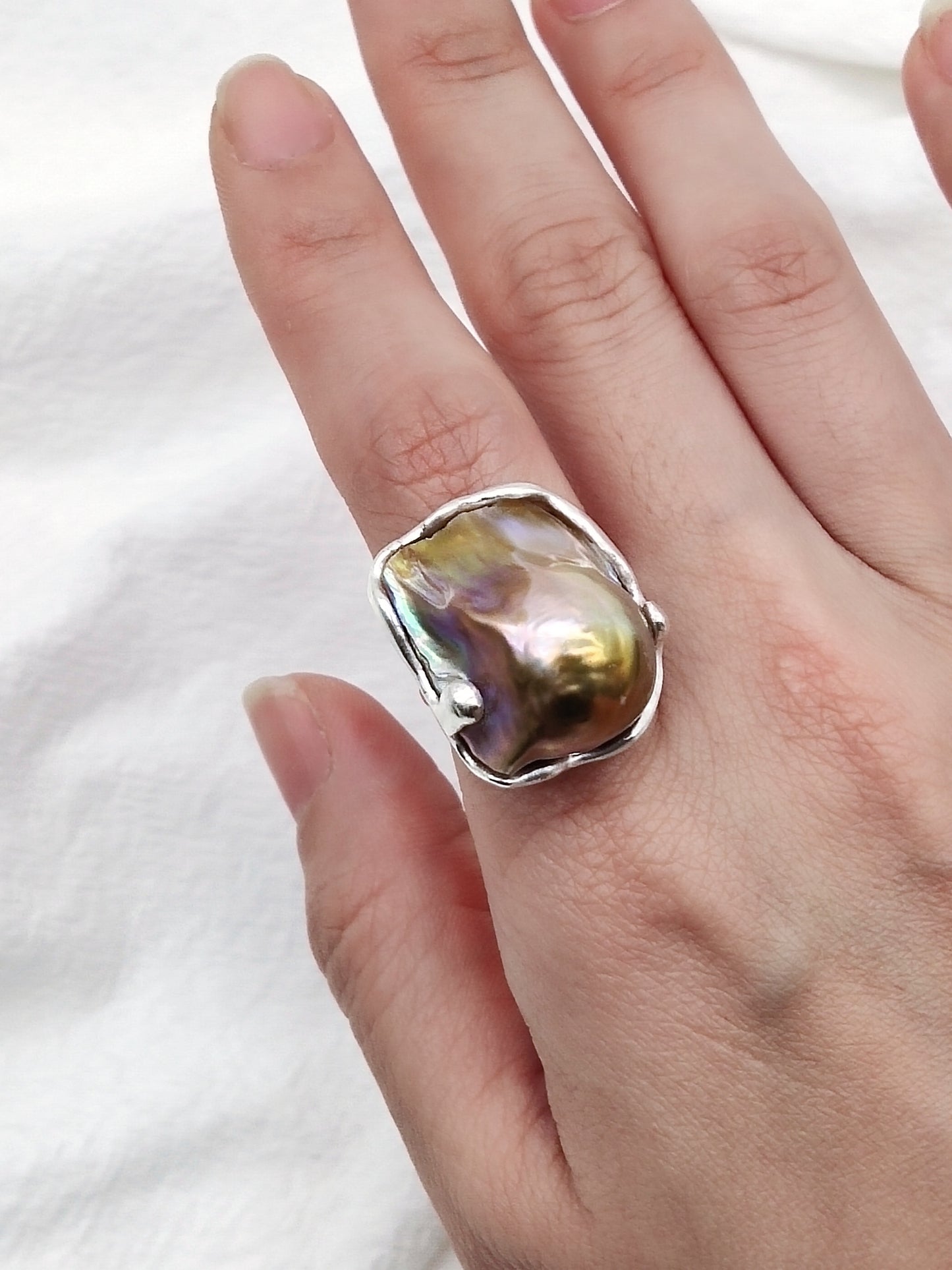 IRIDESCENT PURE SILVER LARGE BAROQUE PEARL RING