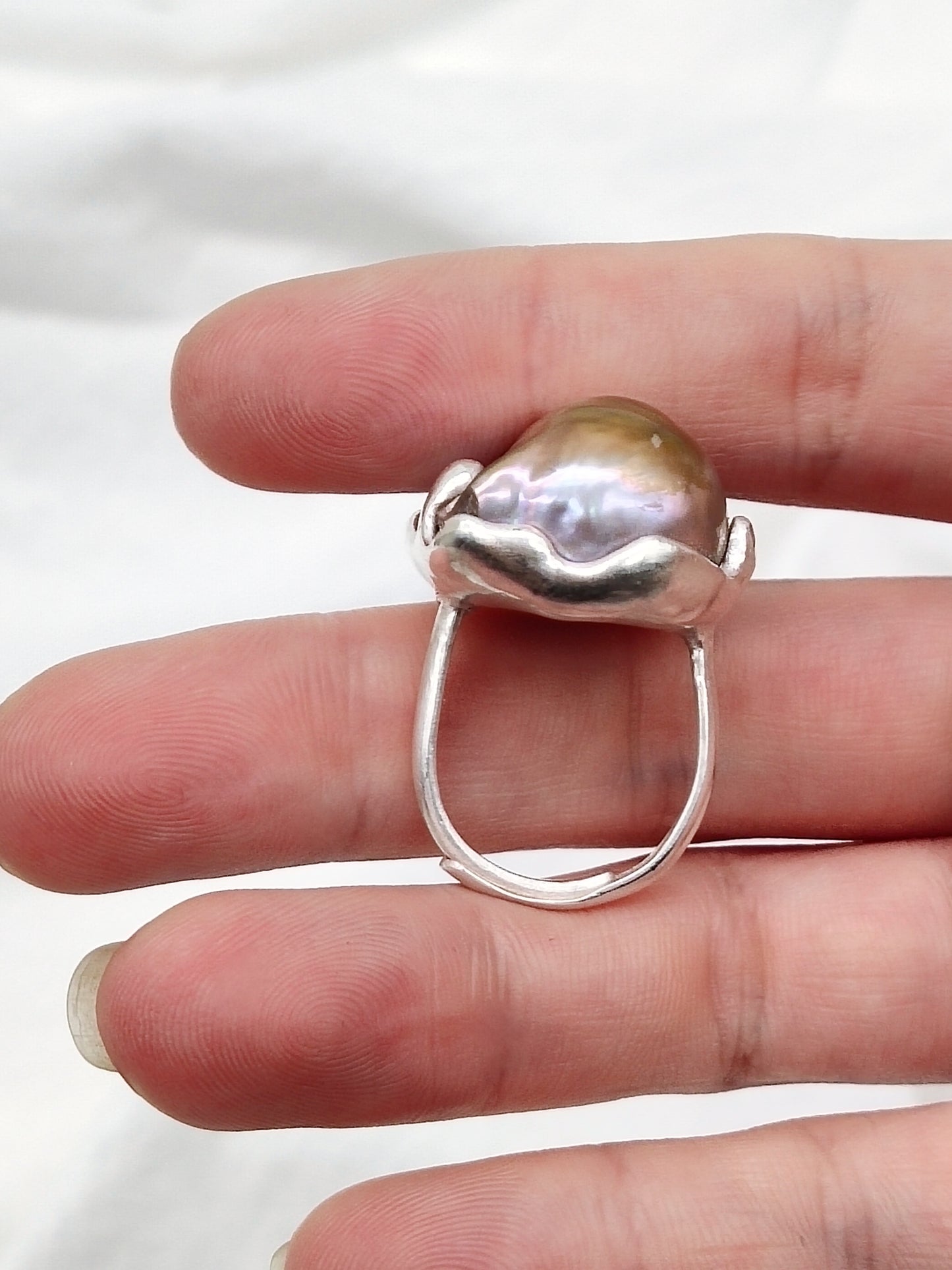 IRIDESCENT PURE SILVER LARGE BAROQUE PEARL RING