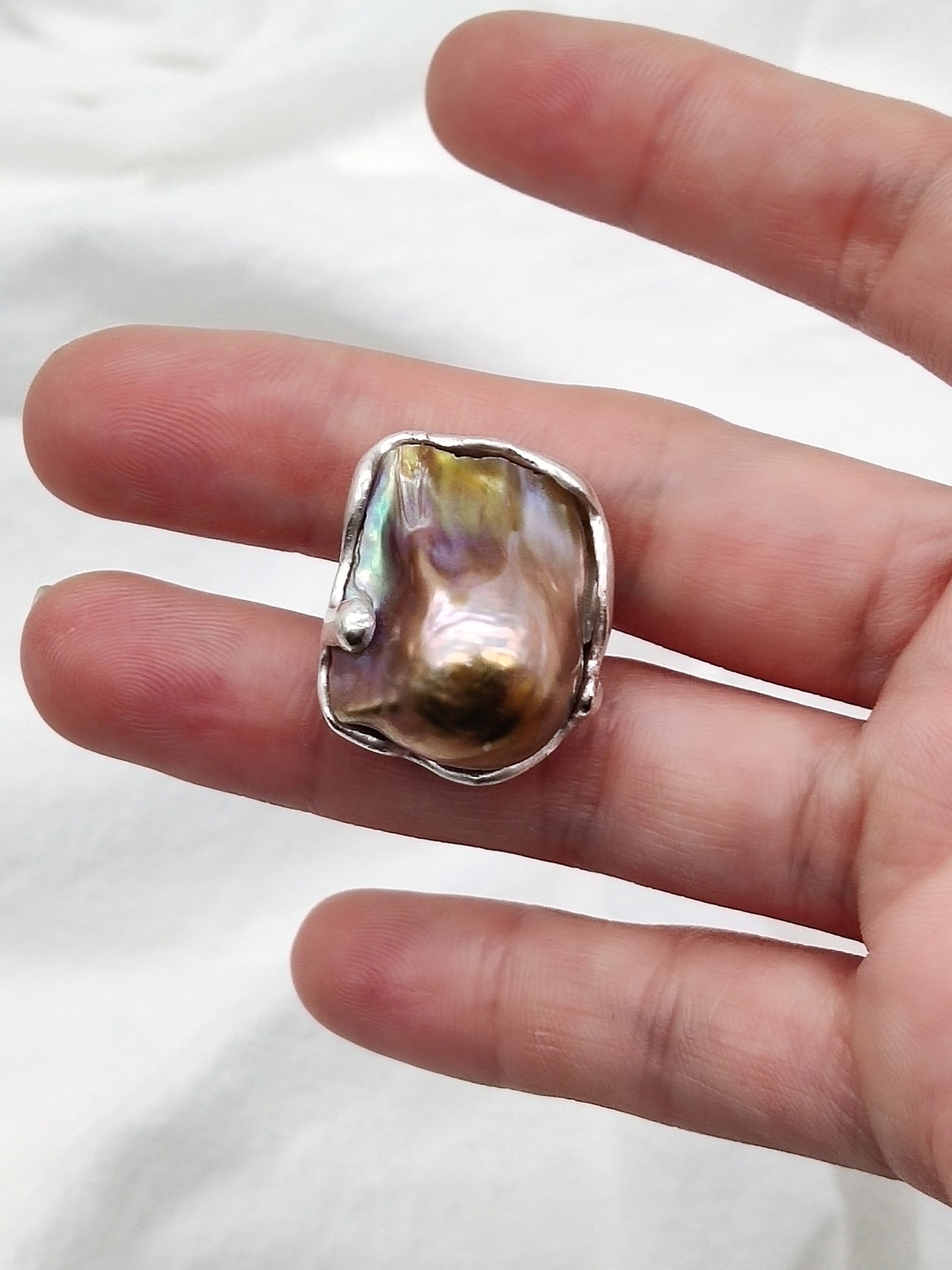 IRIDESCENT PURE SILVER LARGE BAROQUE PEARL RING