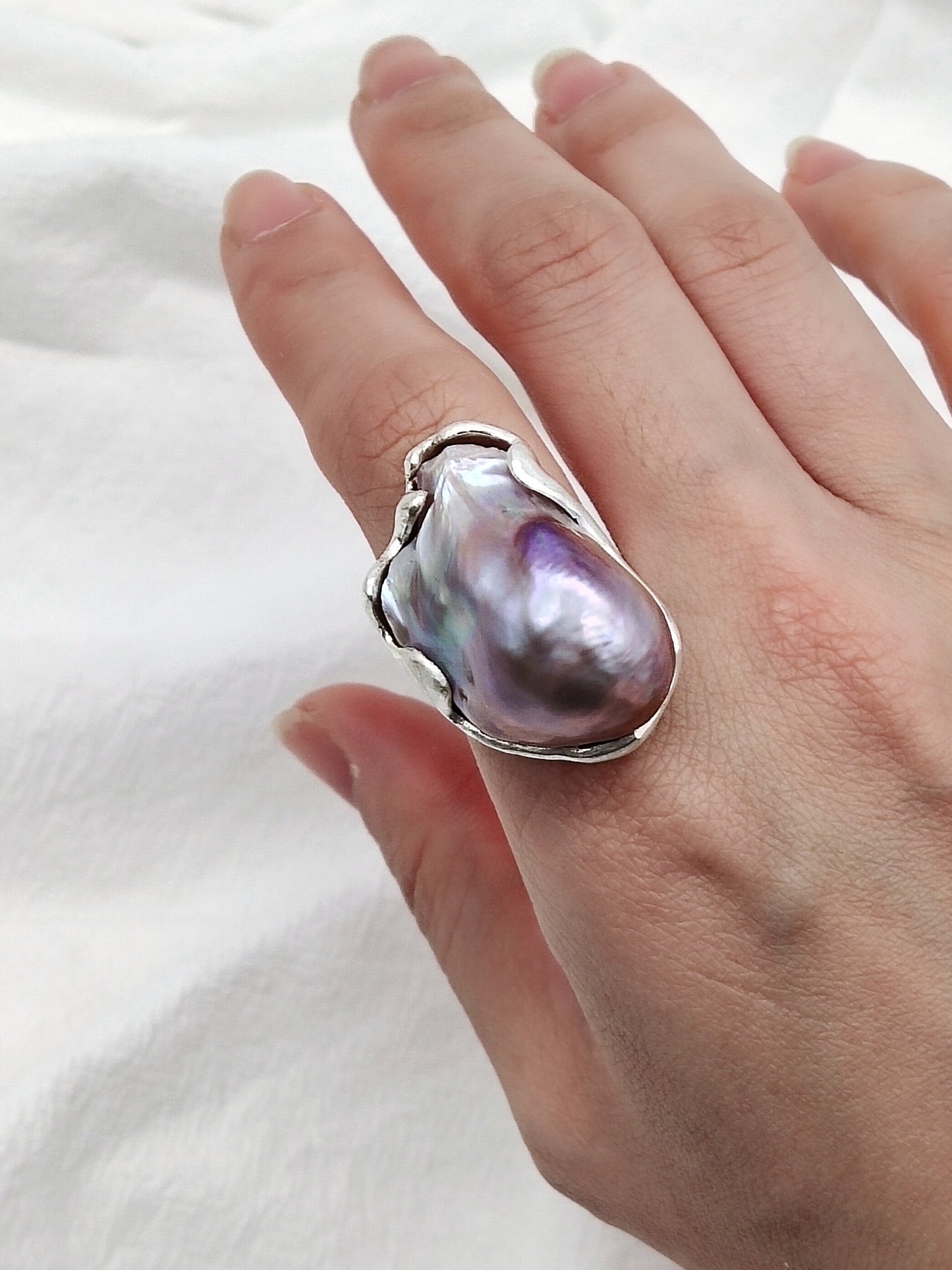 IRIDESCENT PURE SILVER LARGE BAROQUE PEARL RING