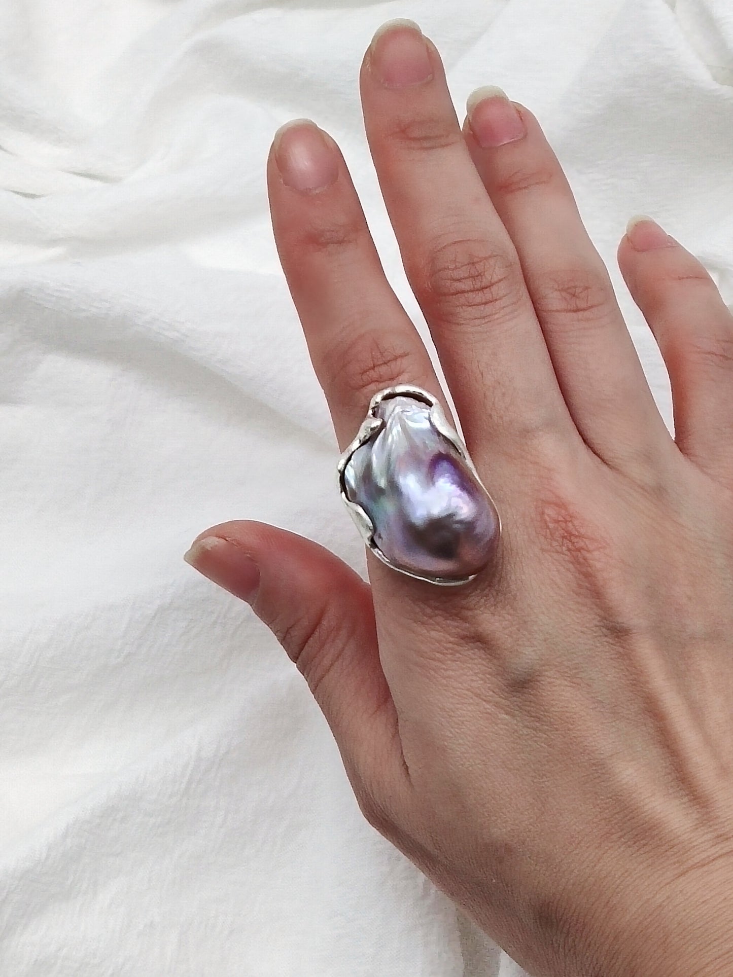 IRIDESCENT PURE SILVER LARGE BAROQUE PEARL RING