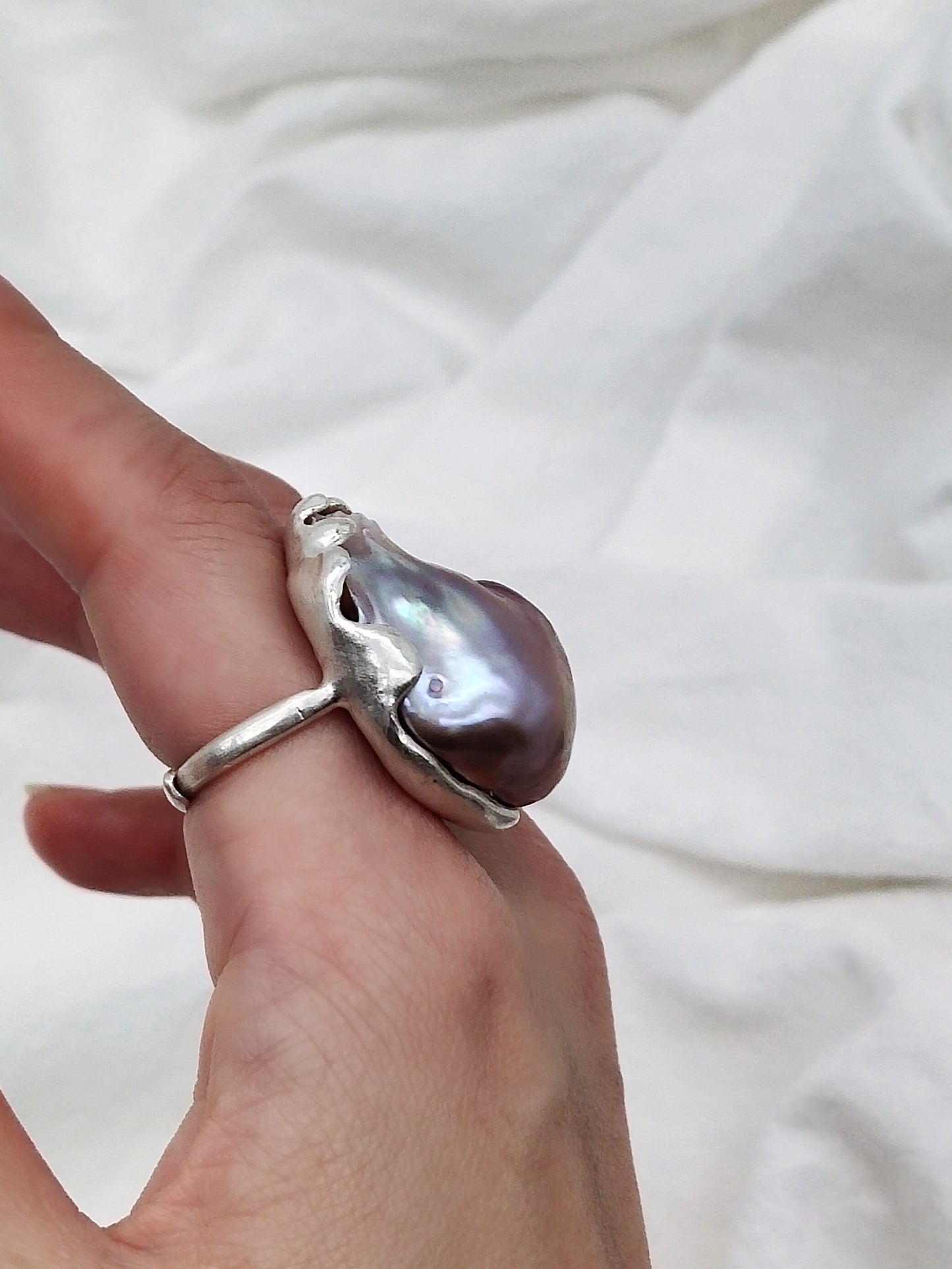 IRIDESCENT PURE SILVER LARGE BAROQUE PEARL RING