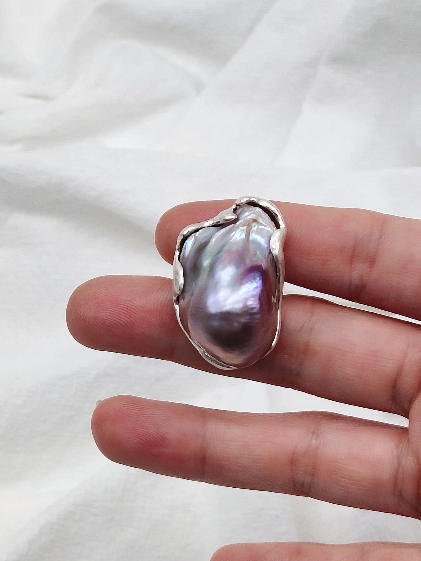 IRIDESCENT PURE SILVER LARGE BAROQUE PEARL RING