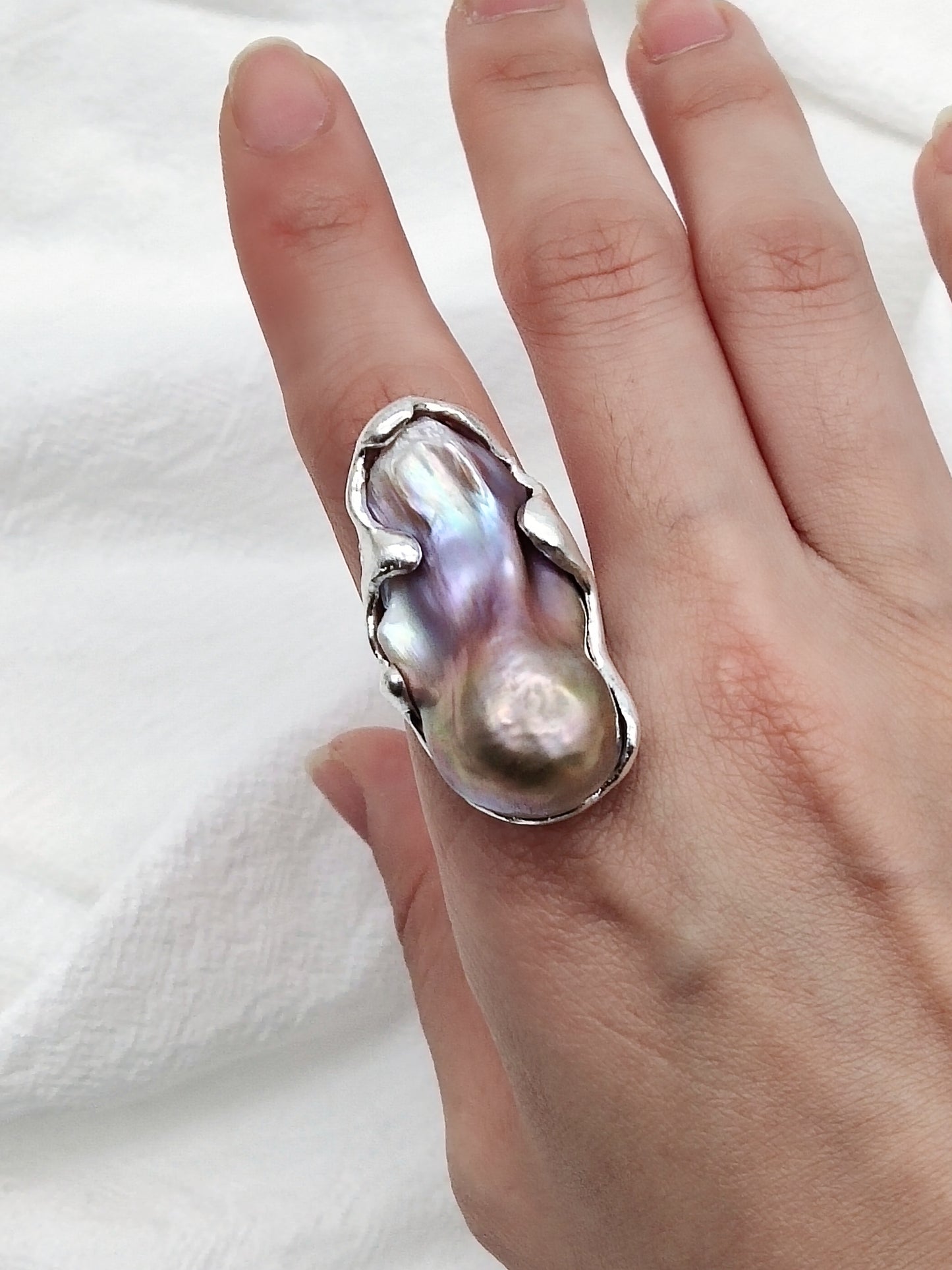 IRIDESCENT PURE SILVER LARGE BAROQUE PEARL RING