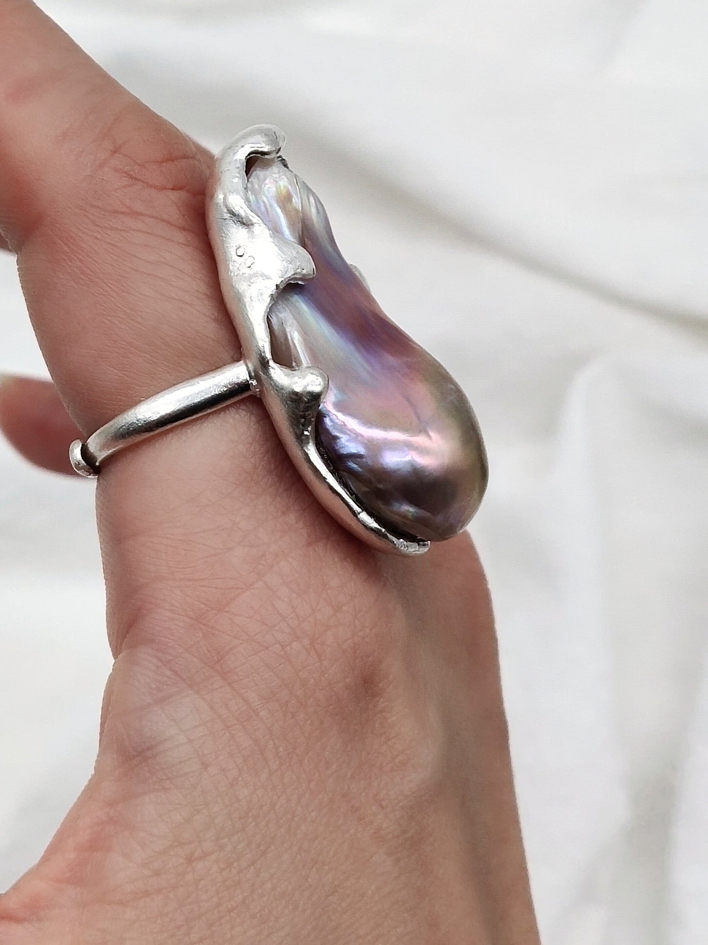 IRIDESCENT PURE SILVER LARGE BAROQUE PEARL RING