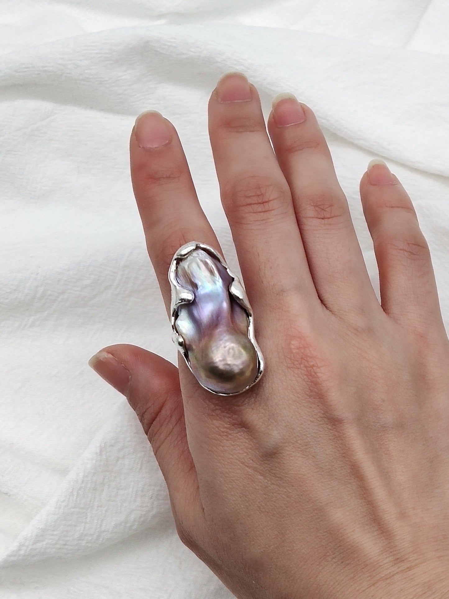 IRIDESCENT PURE SILVER LARGE BAROQUE PEARL RING