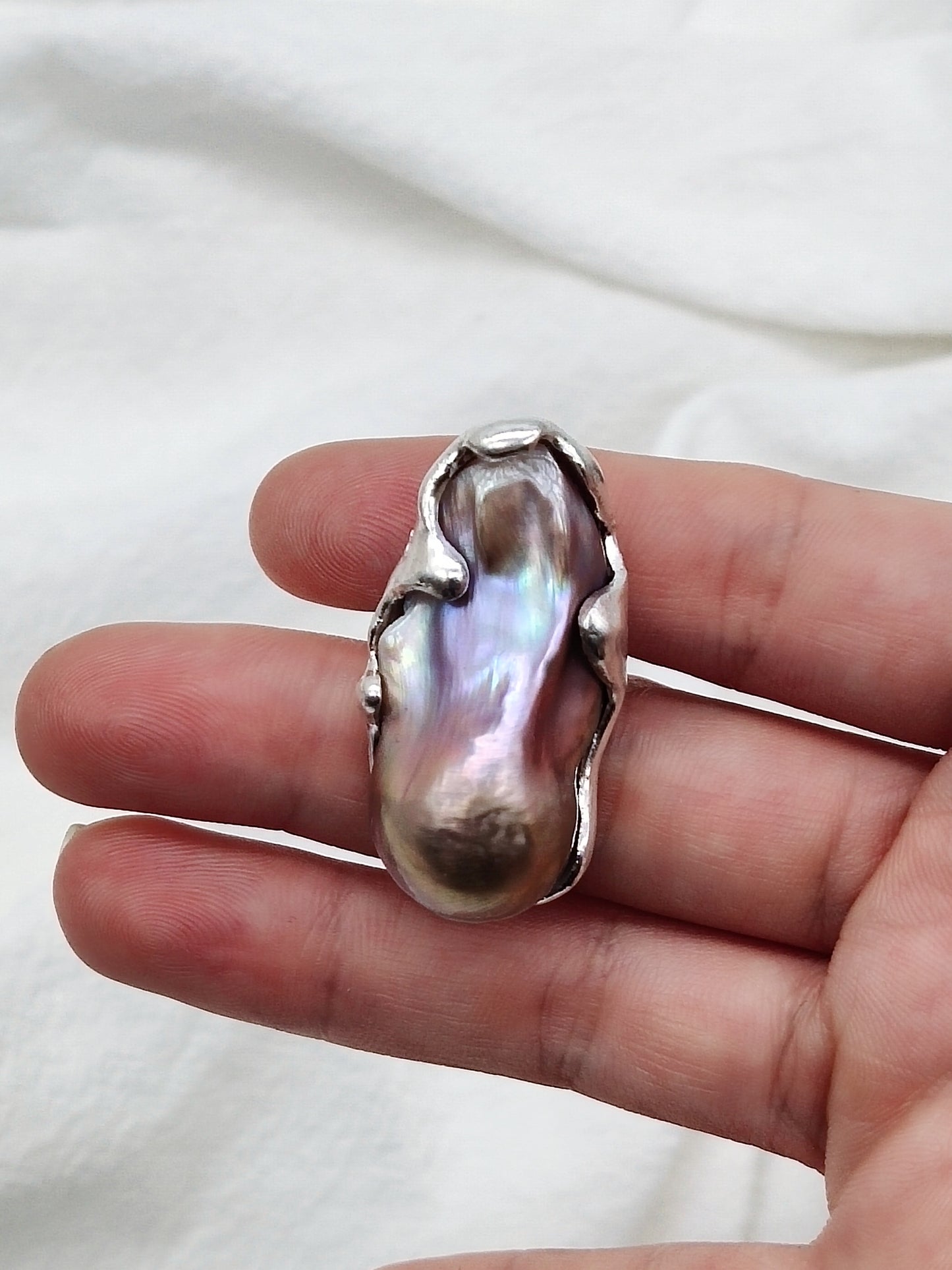 IRIDESCENT PURE SILVER LARGE BAROQUE PEARL RING