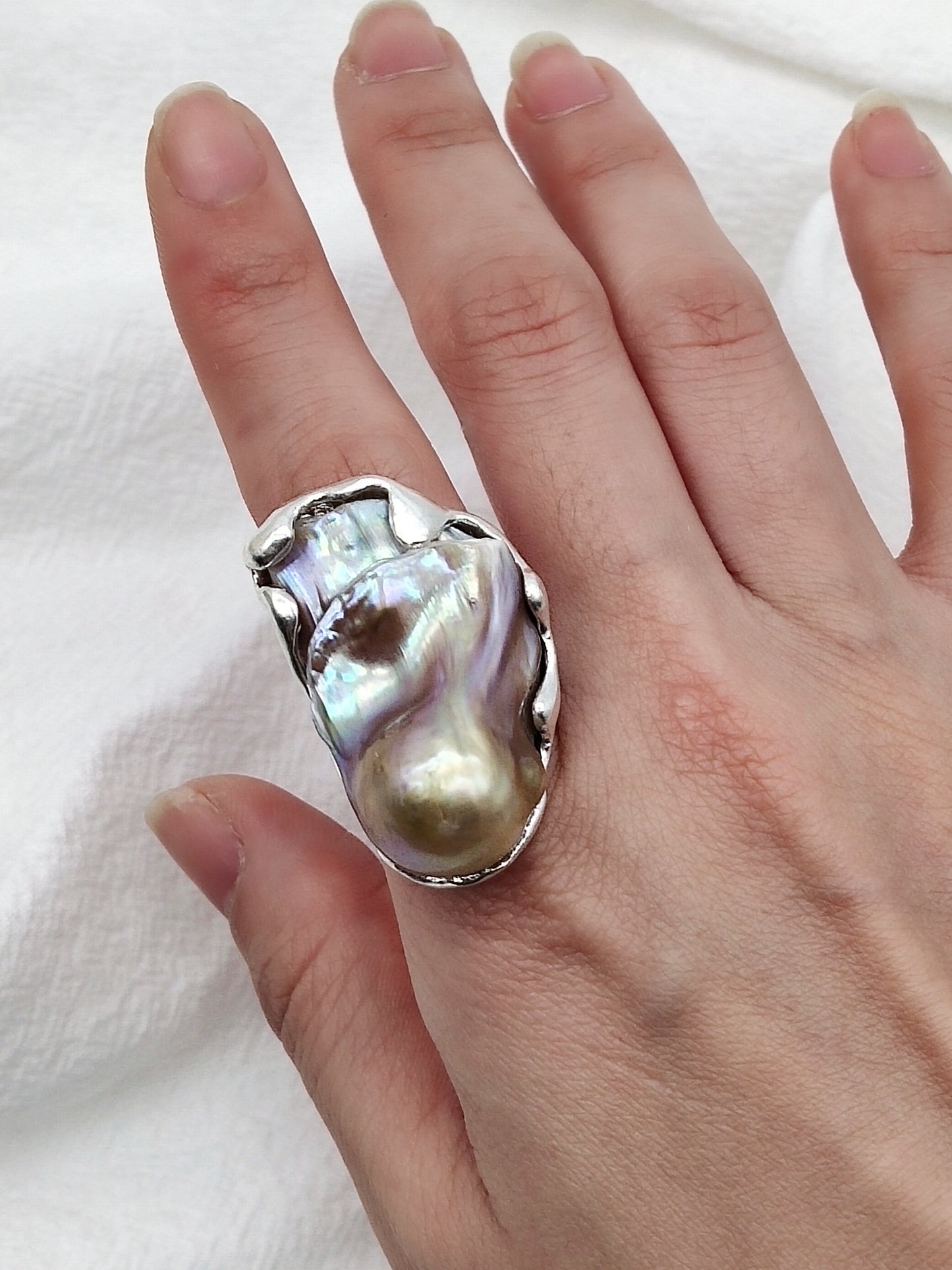 IRIDESCENT PURE SILVER LARGE BAROQUE PEARL RING