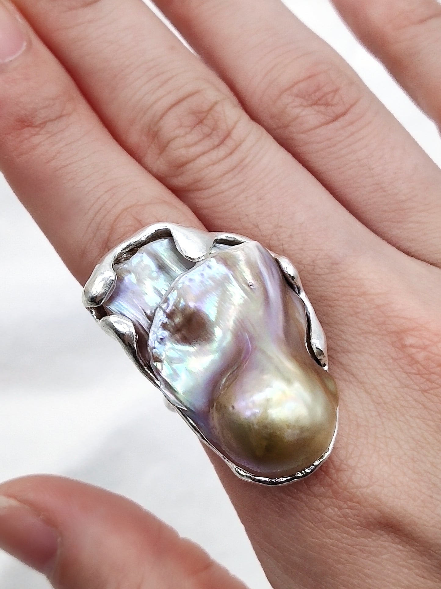 IRIDESCENT PURE SILVER LARGE BAROQUE PEARL RING