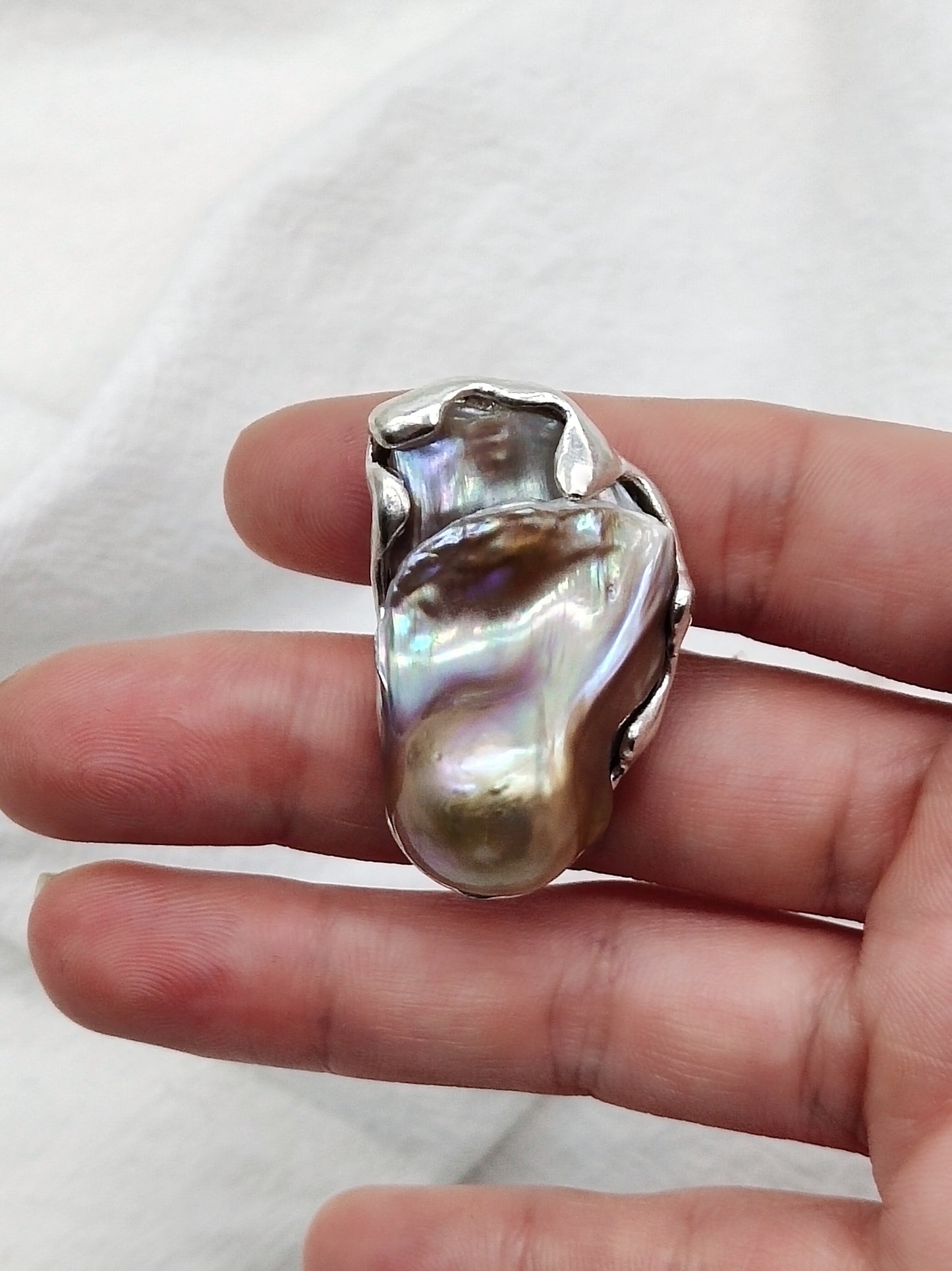 IRIDESCENT PURE SILVER LARGE BAROQUE PEARL RING