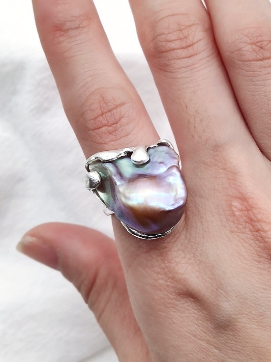 IRIDESCENT PURE SILVER LARGE BAROQUE PEARL RING