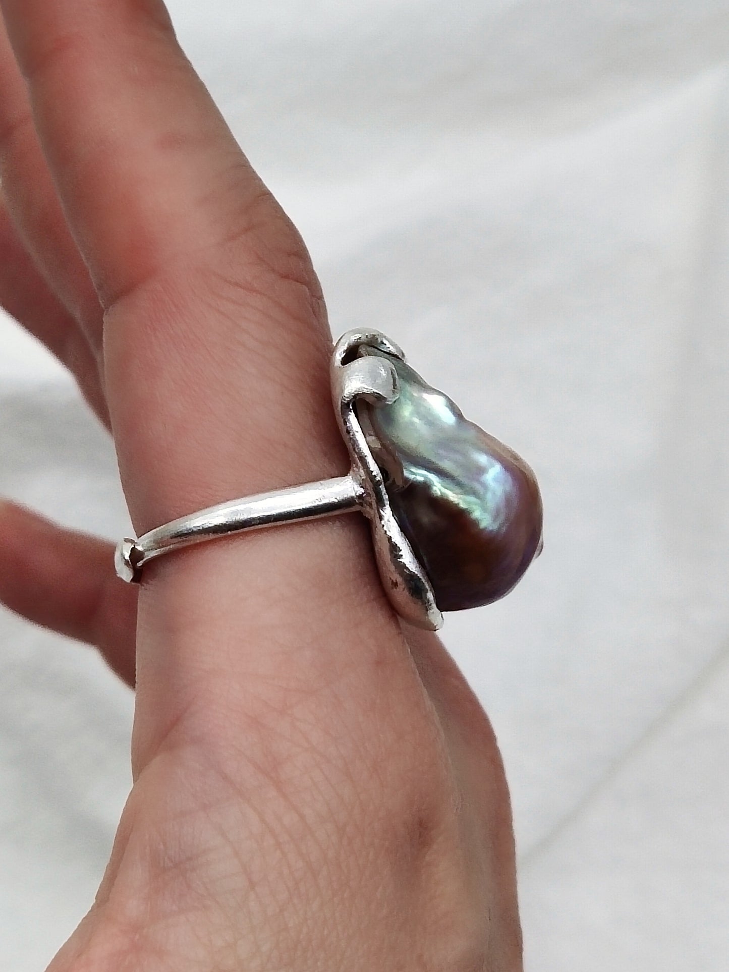 IRIDESCENT PURE SILVER LARGE BAROQUE PEARL RING