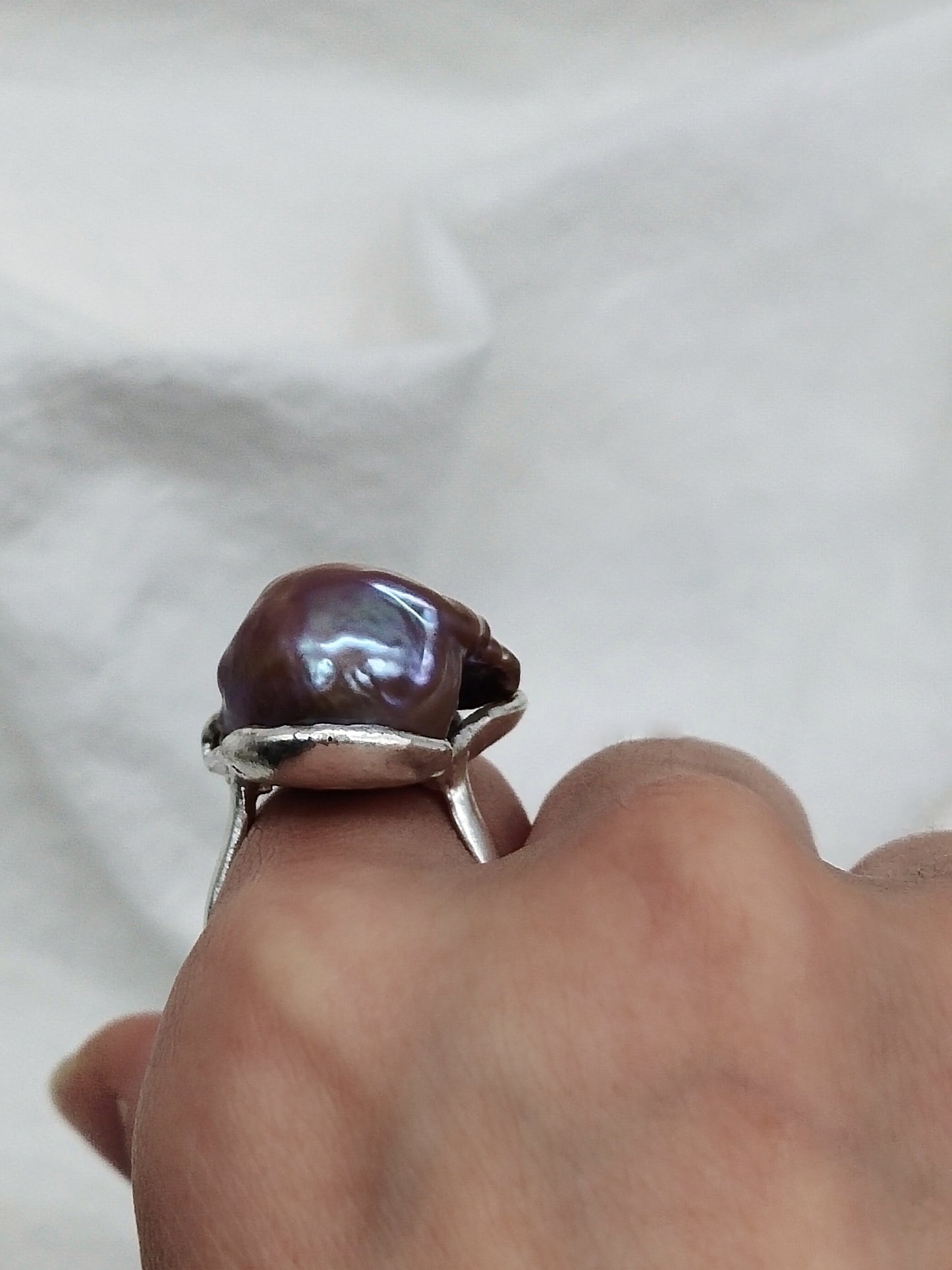 IRIDESCENT PURE SILVER LARGE BAROQUE PEARL RING