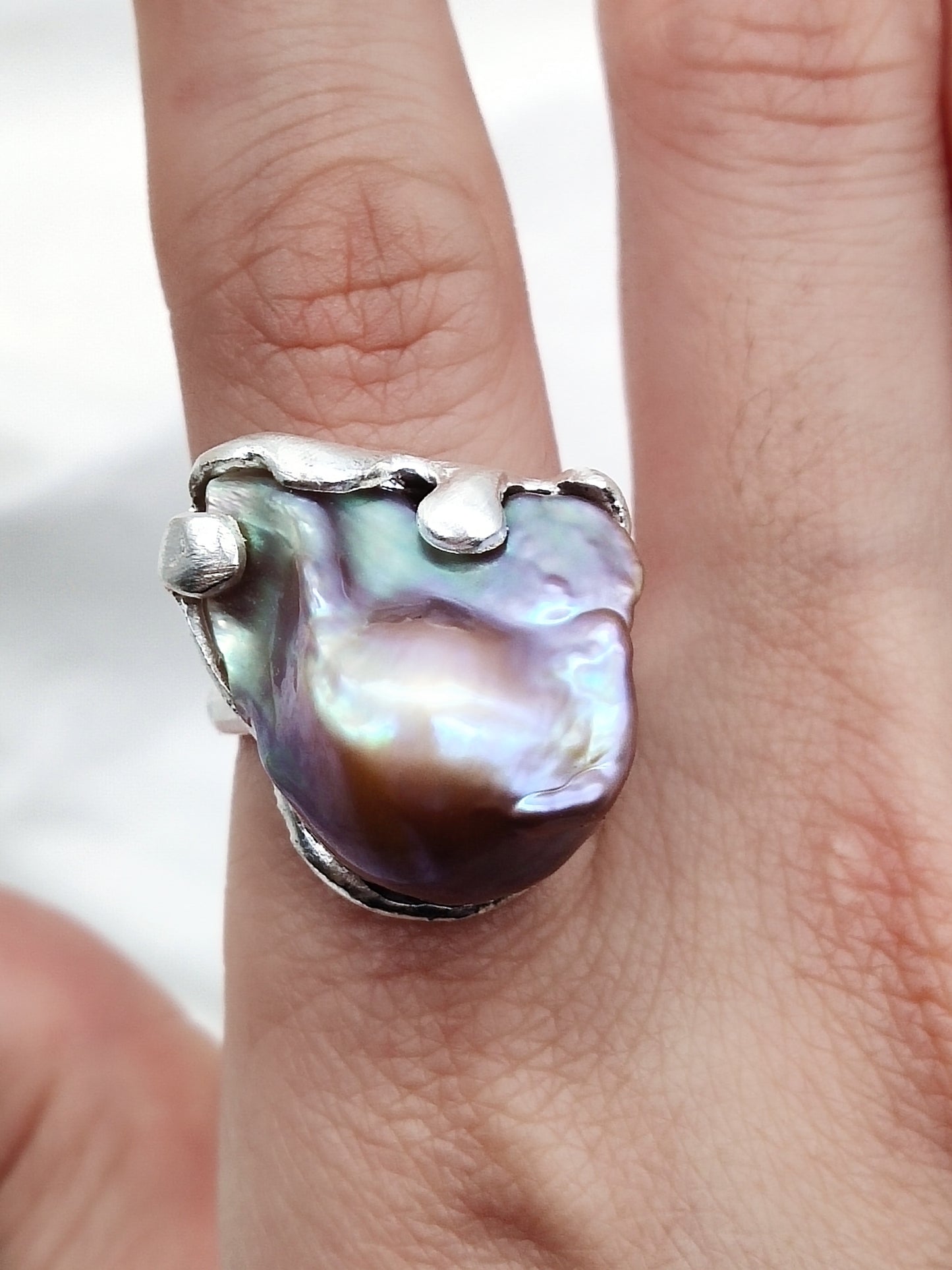 IRIDESCENT PURE SILVER LARGE BAROQUE PEARL RING