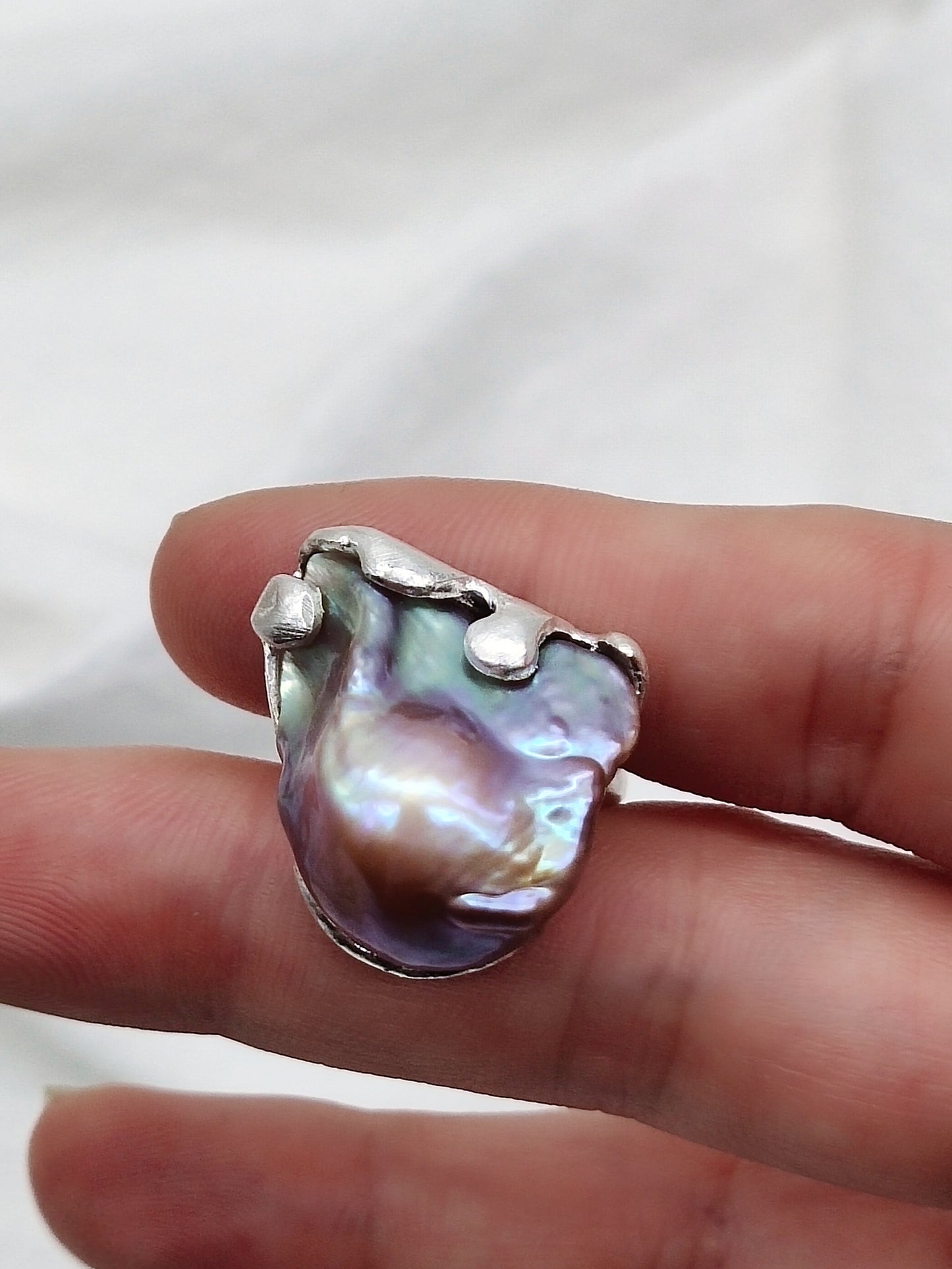 IRIDESCENT PURE SILVER LARGE BAROQUE PEARL RING