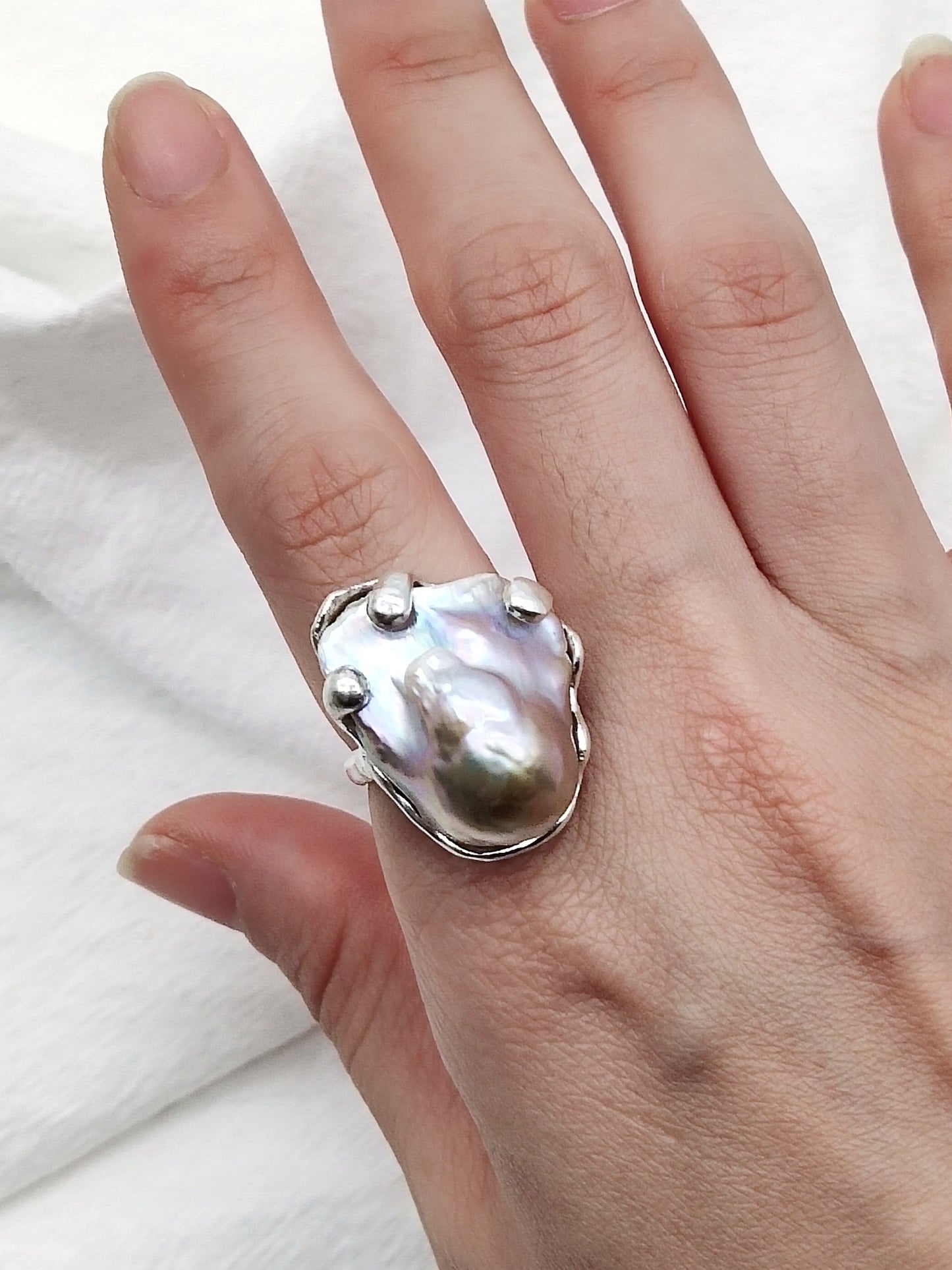 IRIDESCENT PURE SILVER LARGE BAROQUE PEARL RING