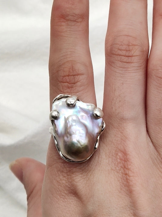 IRIDESCENT PURE SILVER LARGE BAROQUE PEARL RING