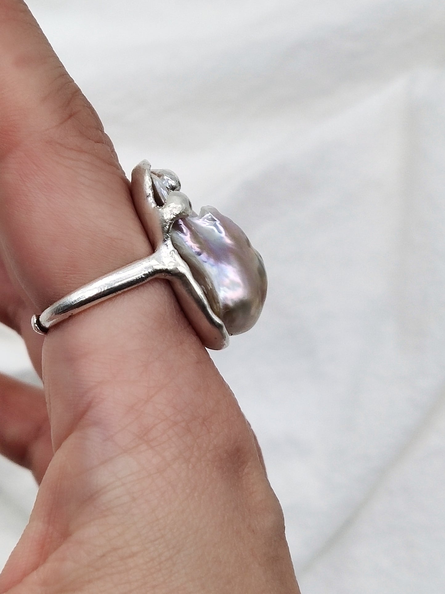 IRIDESCENT PURE SILVER LARGE BAROQUE PEARL RING