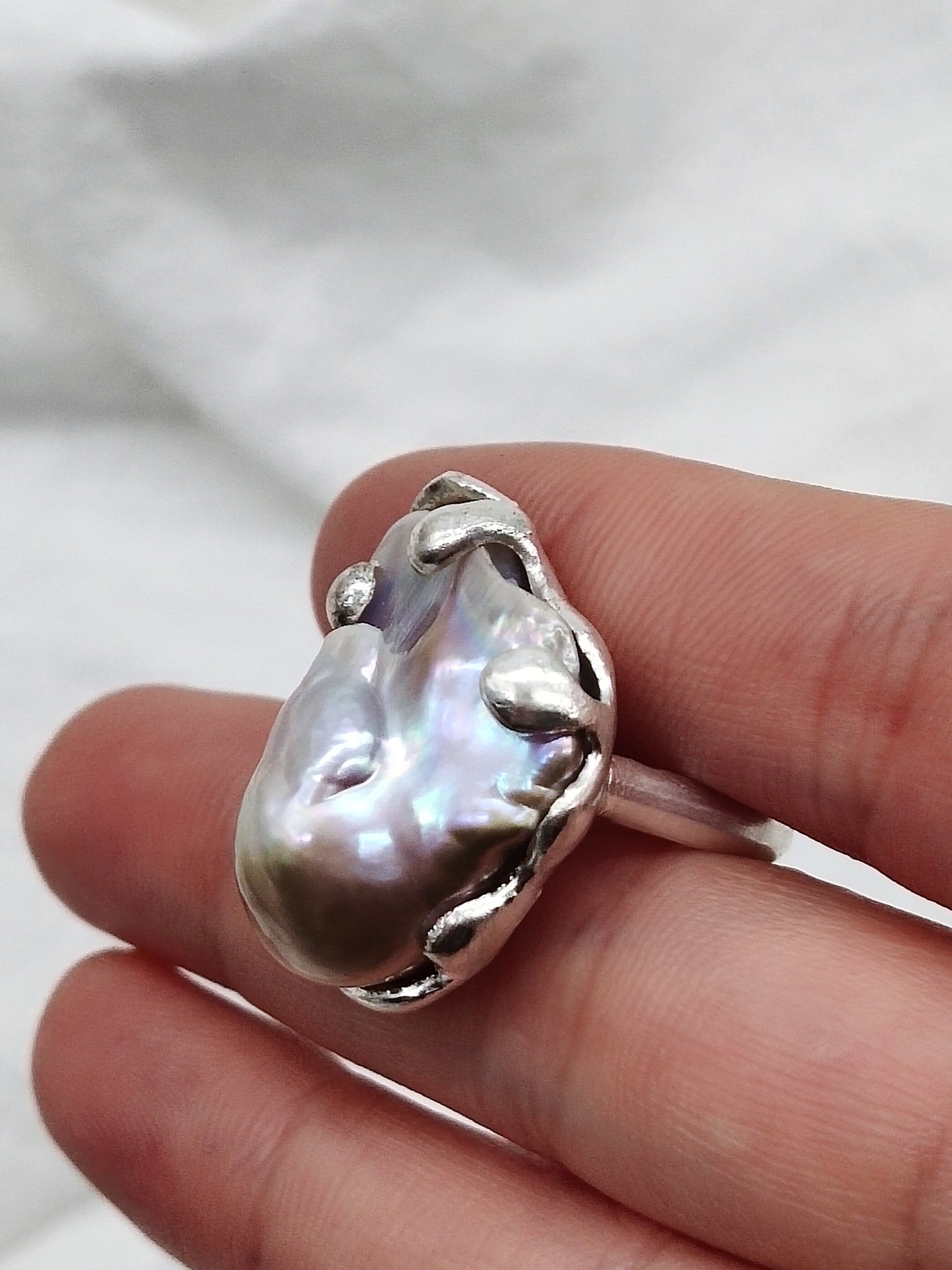 IRIDESCENT PURE SILVER LARGE BAROQUE PEARL RING