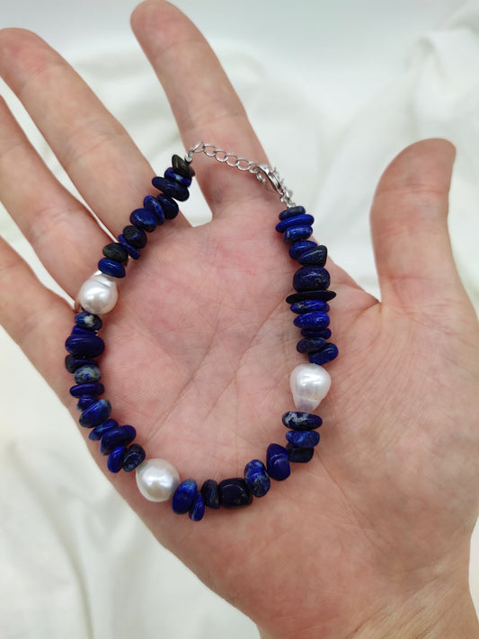 NATURAL LAPIS LAZULI WITH FRESHWATER PEARL BRACELET