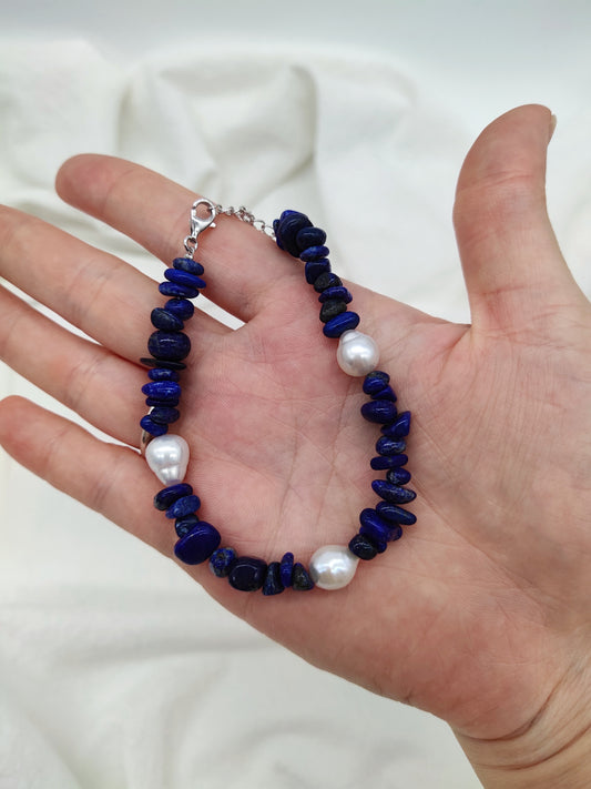 NATURAL LAPIS LAZULI WITH FRESHWATER PEARL BRACELET