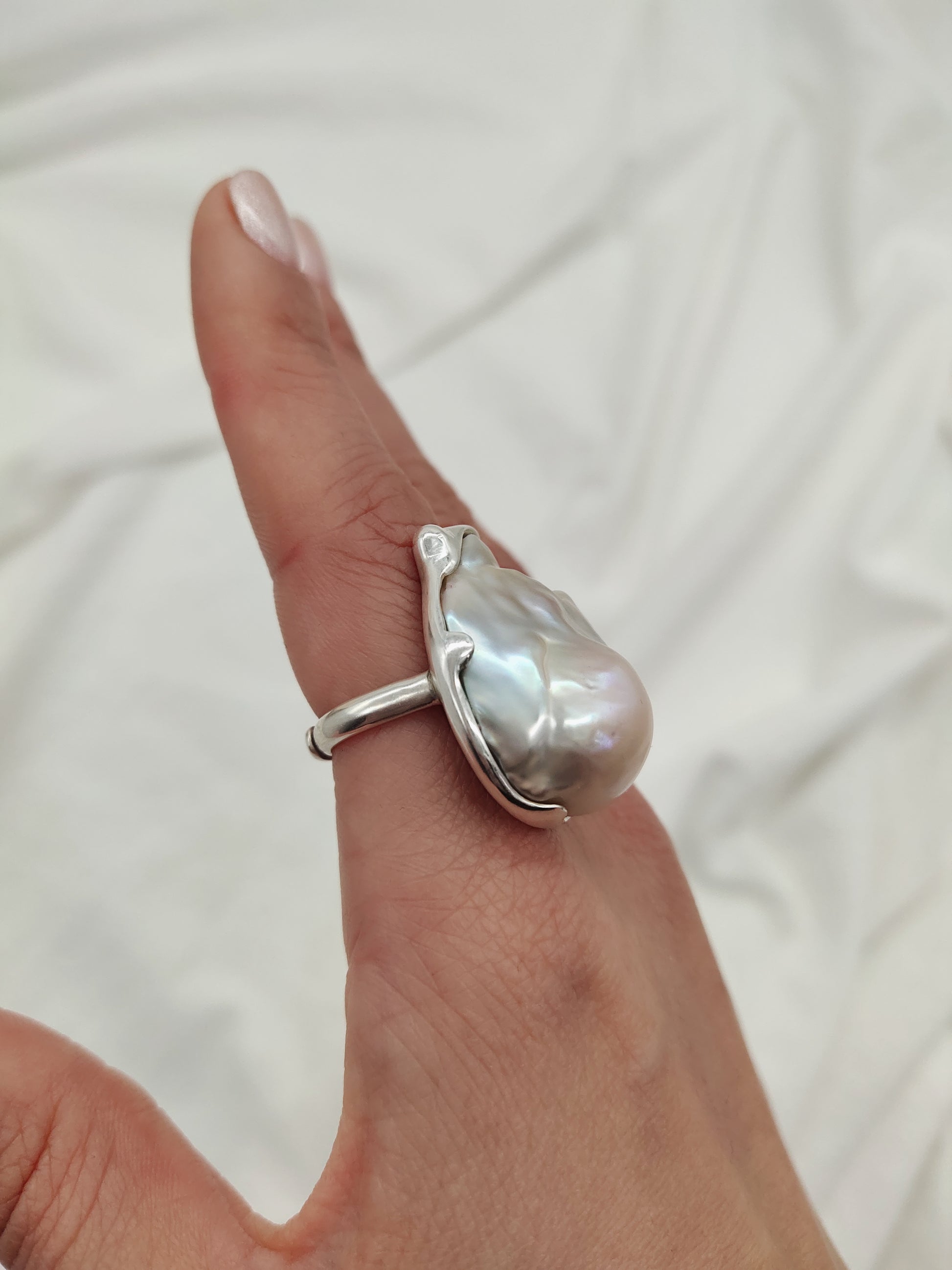 PURE SILVER LARGE BAROQUE PEARL RING