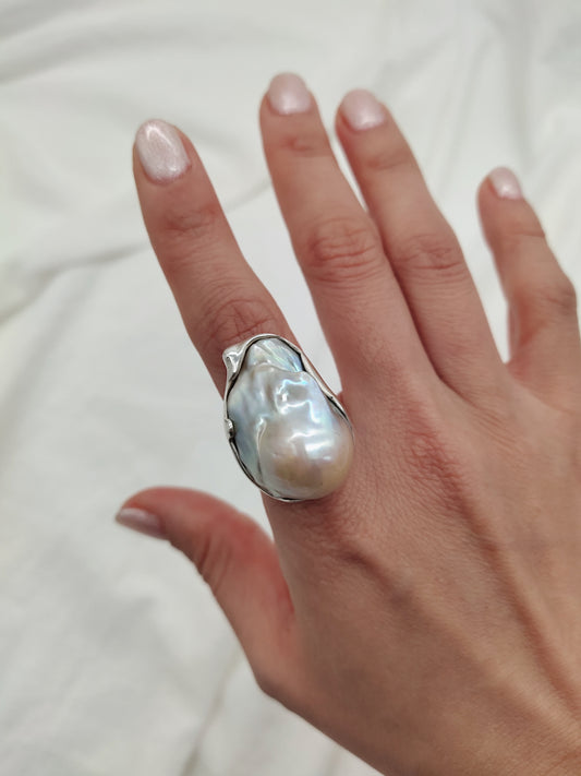 PURE SILVER LARGE BAROQUE PEARL RING