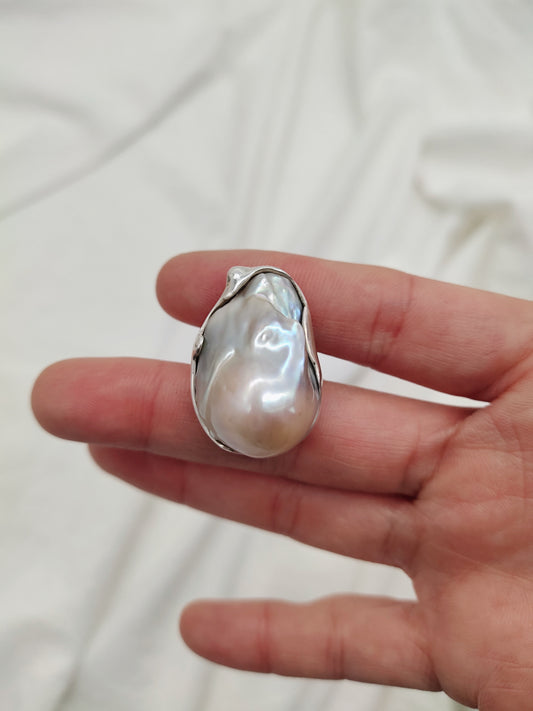 PURE SILVER LARGE BAROQUE PEARL RING