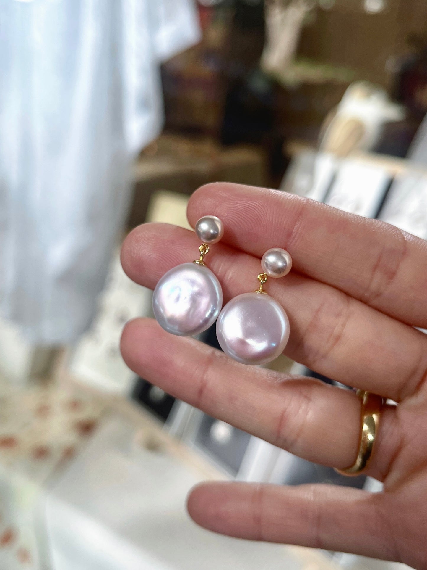 TWO-TONE COLOUR BUTTON PEARL DROP EARRINGS