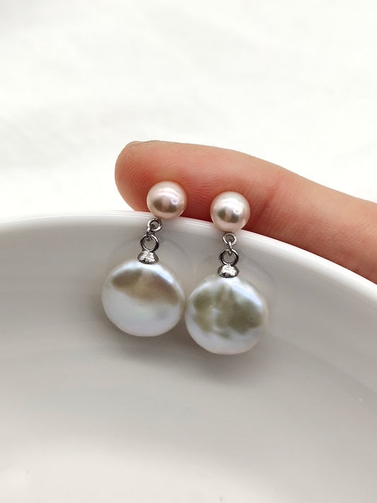 TWO-TONE COLOUR BUTTON PEARL DROP EARRINGS