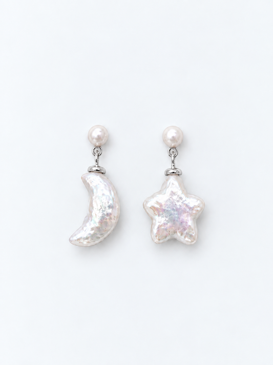 WHITE STAR & MOON PEARL EARRINGS