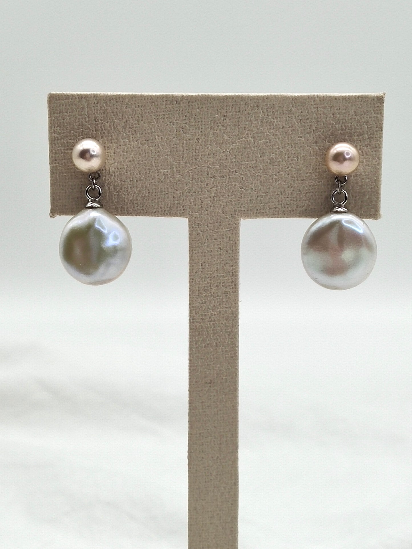 TWO-TONE COLOUR BUTTON PEARL DROP EARRINGS